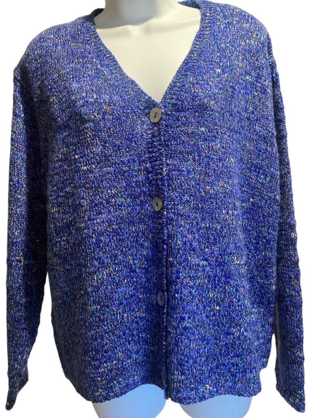 Chicos Design Cardigan Sweater Womans S 1 Blue Multi 4 Button Knit Long Sleeve